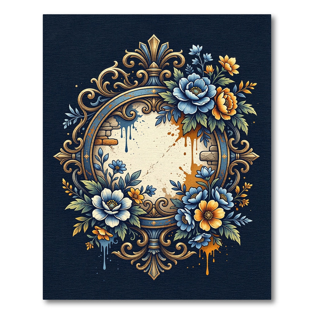 Golden Ornate Blue Yellow Floral Frame Rug