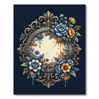 Golden Ornate Blue Yellow Floral Frame Rug