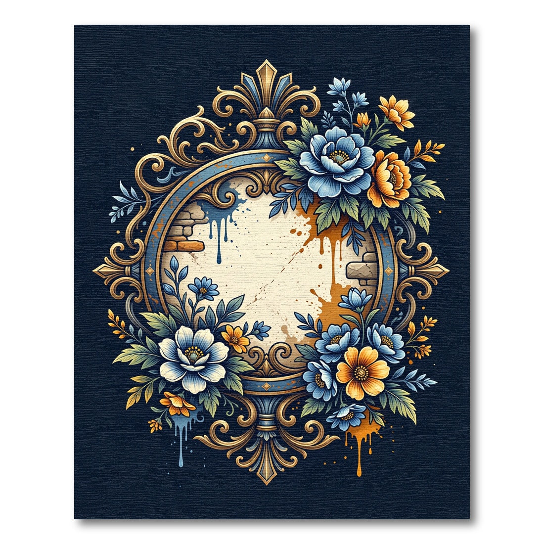 Golden Ornate Blue Yellow Floral Frame Rug