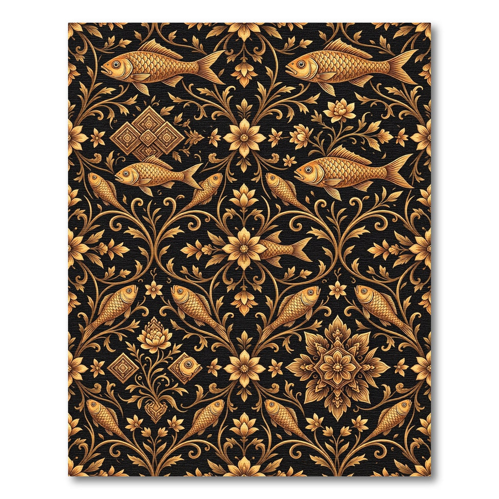 Elegant Gold Fish Floral Scroll Rug