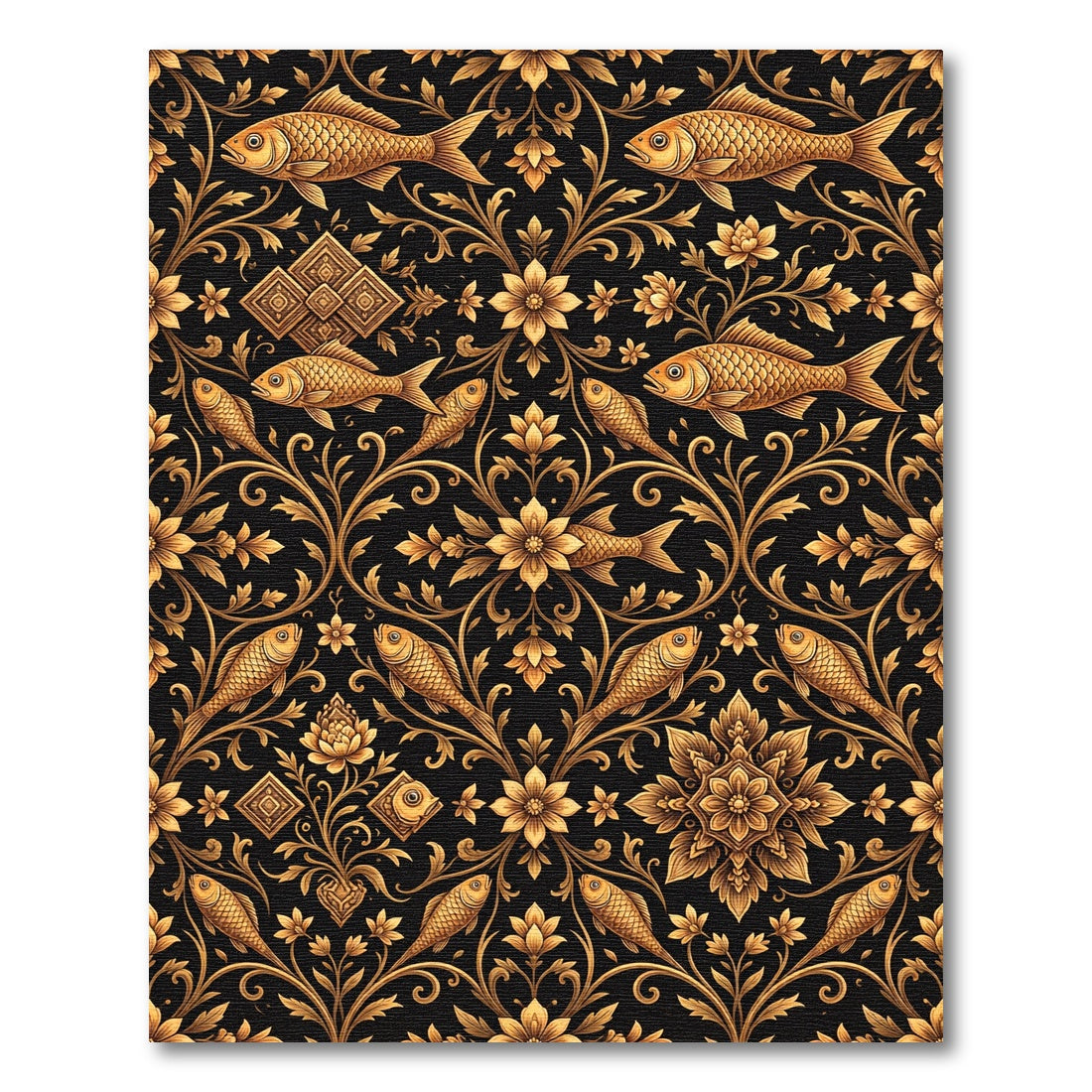 Elegant Gold Fish Floral Scroll Rug