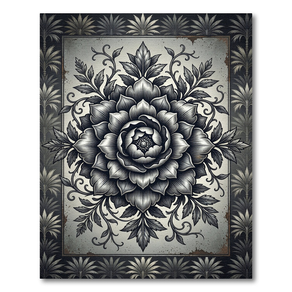 Monochrome Botanical Floral Medallion Rug
