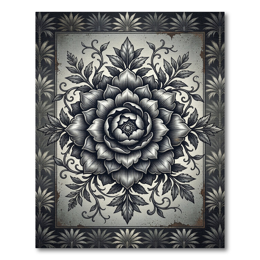 Monochrome Botanical Floral Medallion Rug