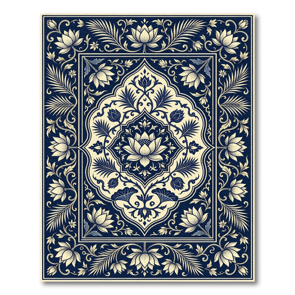 Deep Blue Ivory Floral Medallion Rug