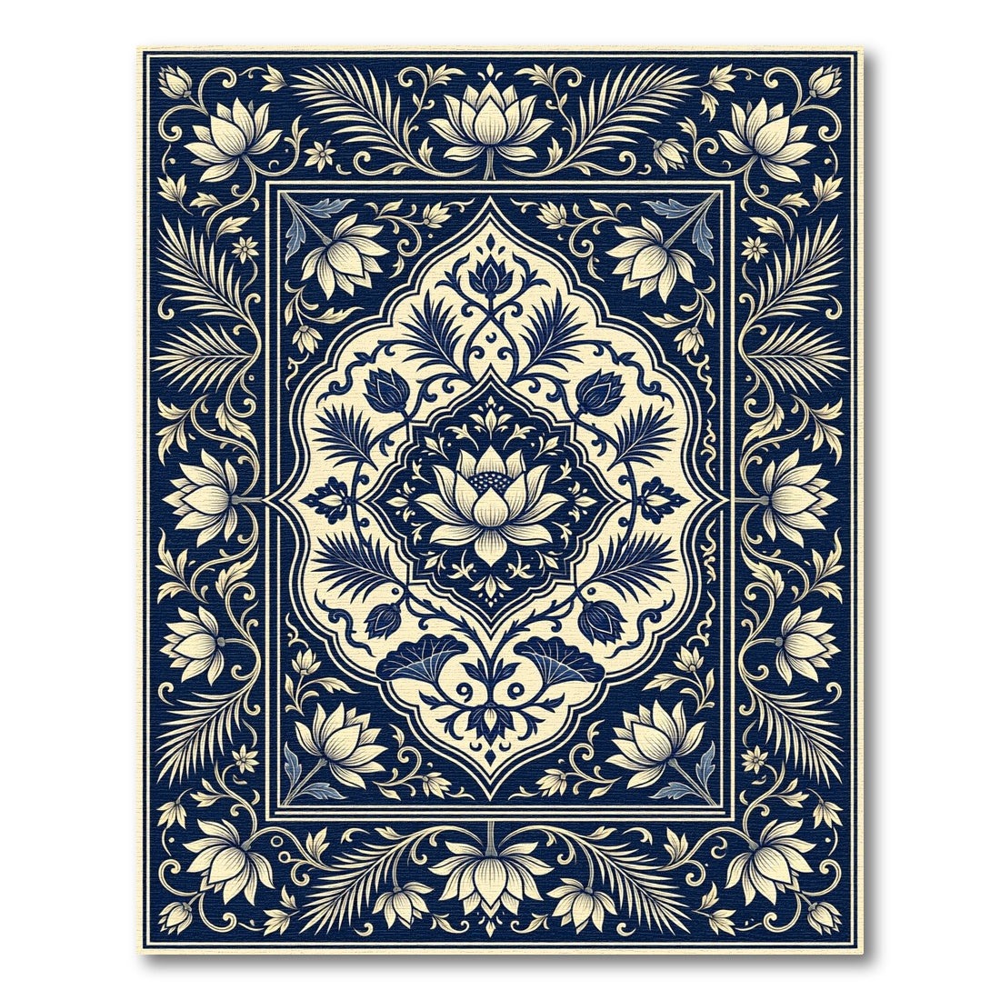 Deep Blue Ivory Floral Medallion Rug