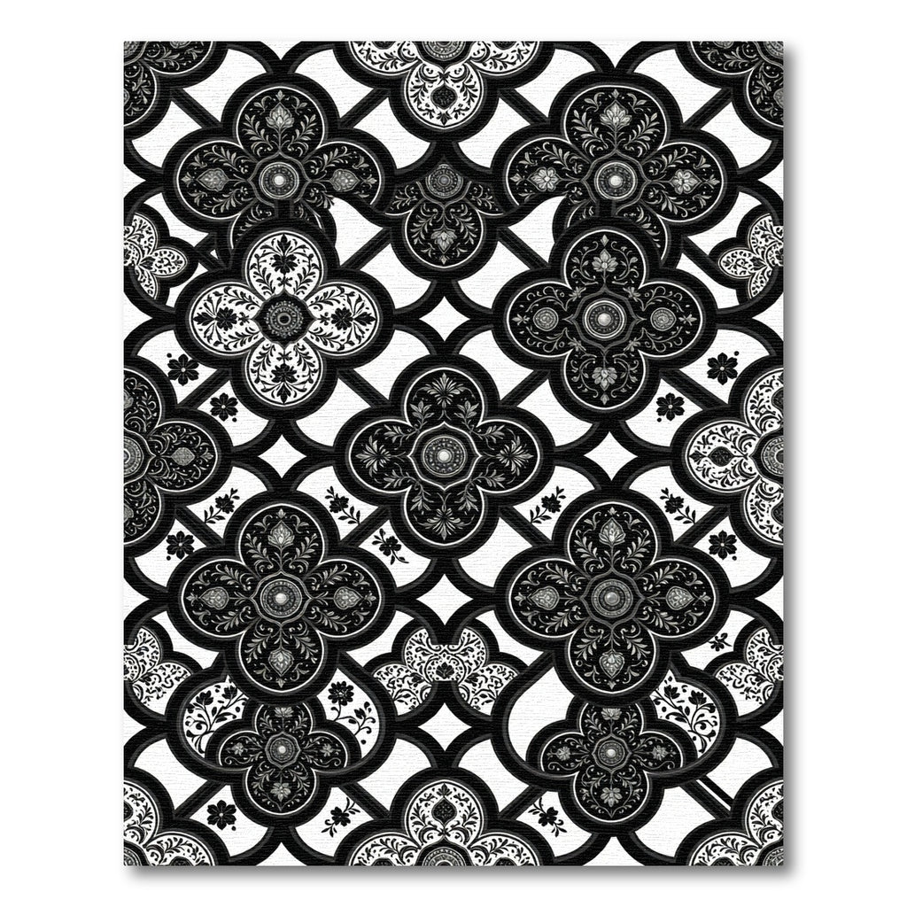 Monochrome Black Gothic Trellis Floral Tile Rug