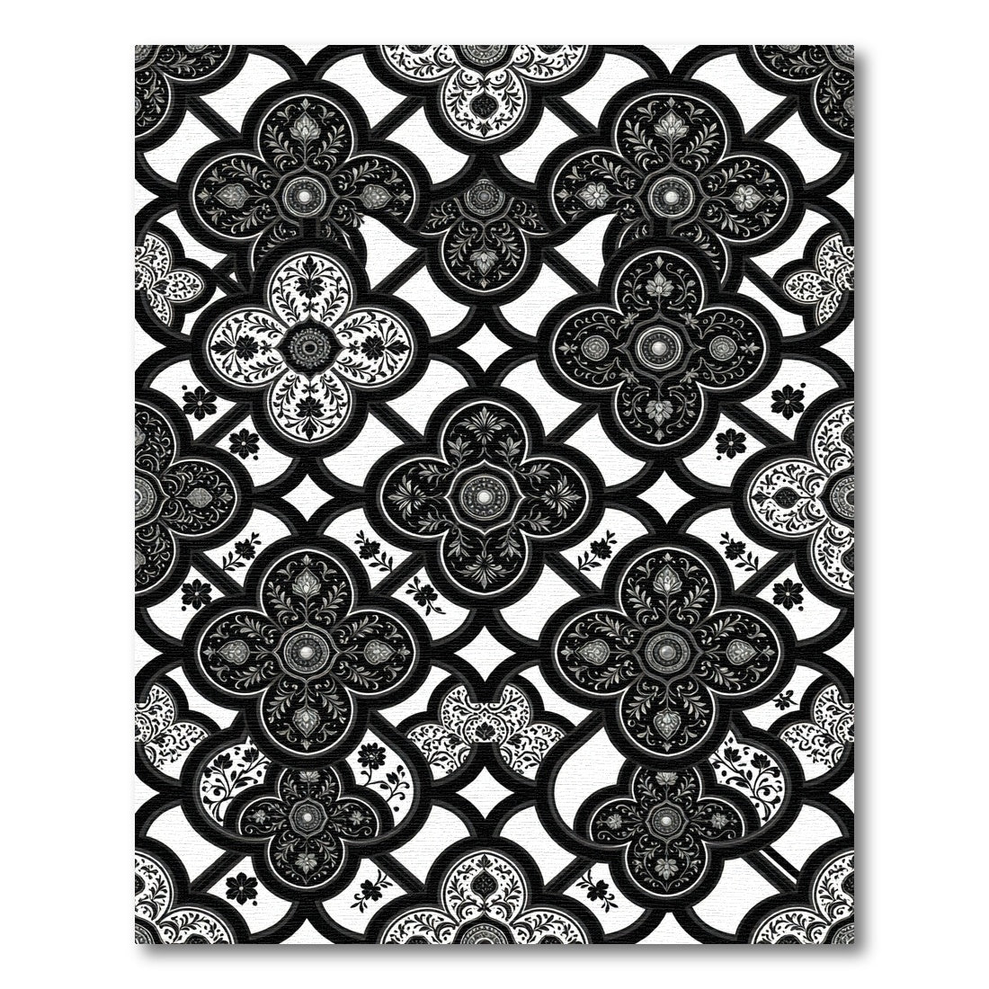 Monochrome Black Gothic Trellis Floral Tile Rug