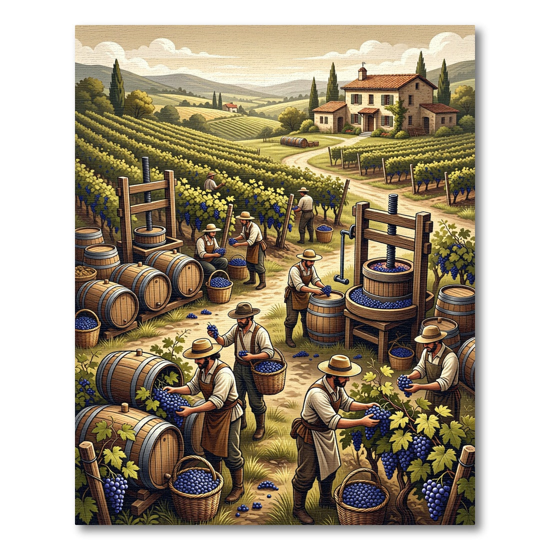Pastoral Vineyard Harvest Landscape Scene Rug