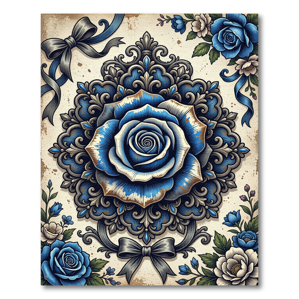 Ornate Blue Rose Damask Medallion Rug