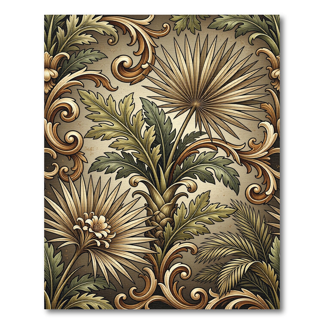 Ornate Tropical Palm Leaf Scroll Rug