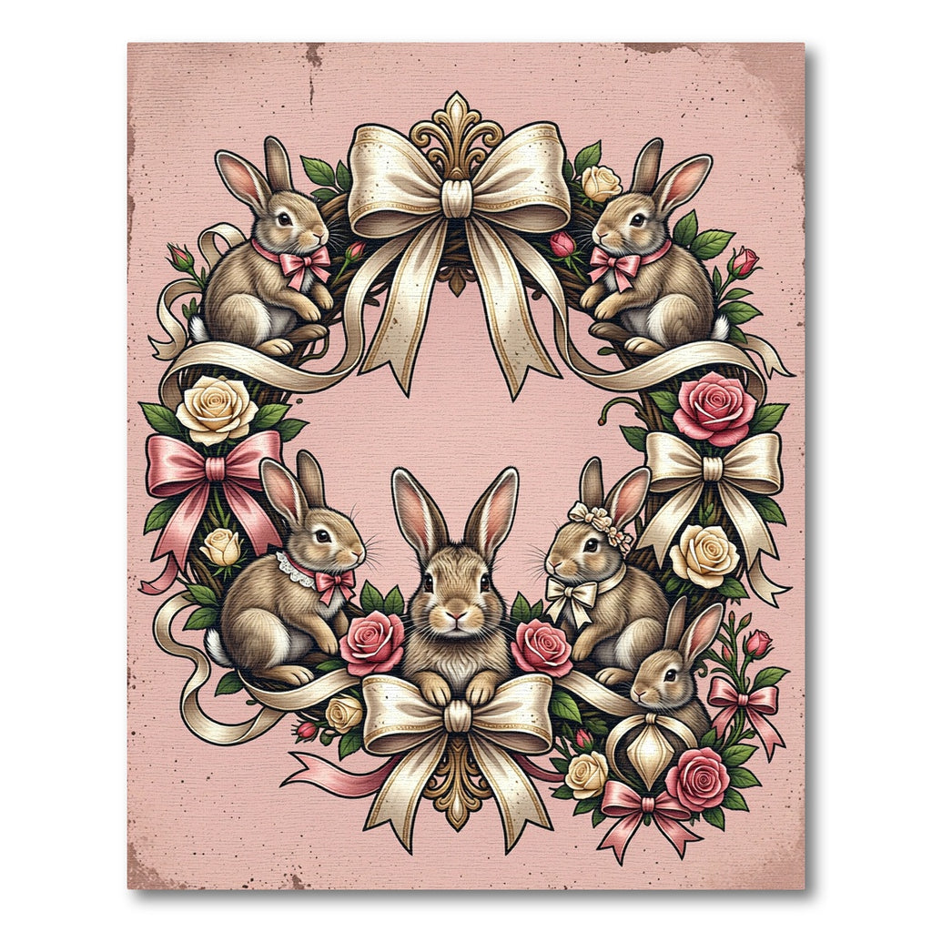 Elegant Pastel Pink Bunny Floral Wreath Rug