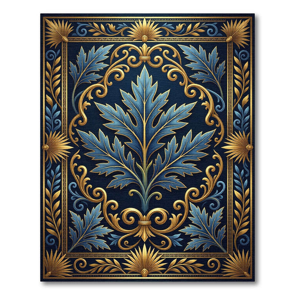 Elegant Blue Acanthus Leaf Gold Filigree Rug