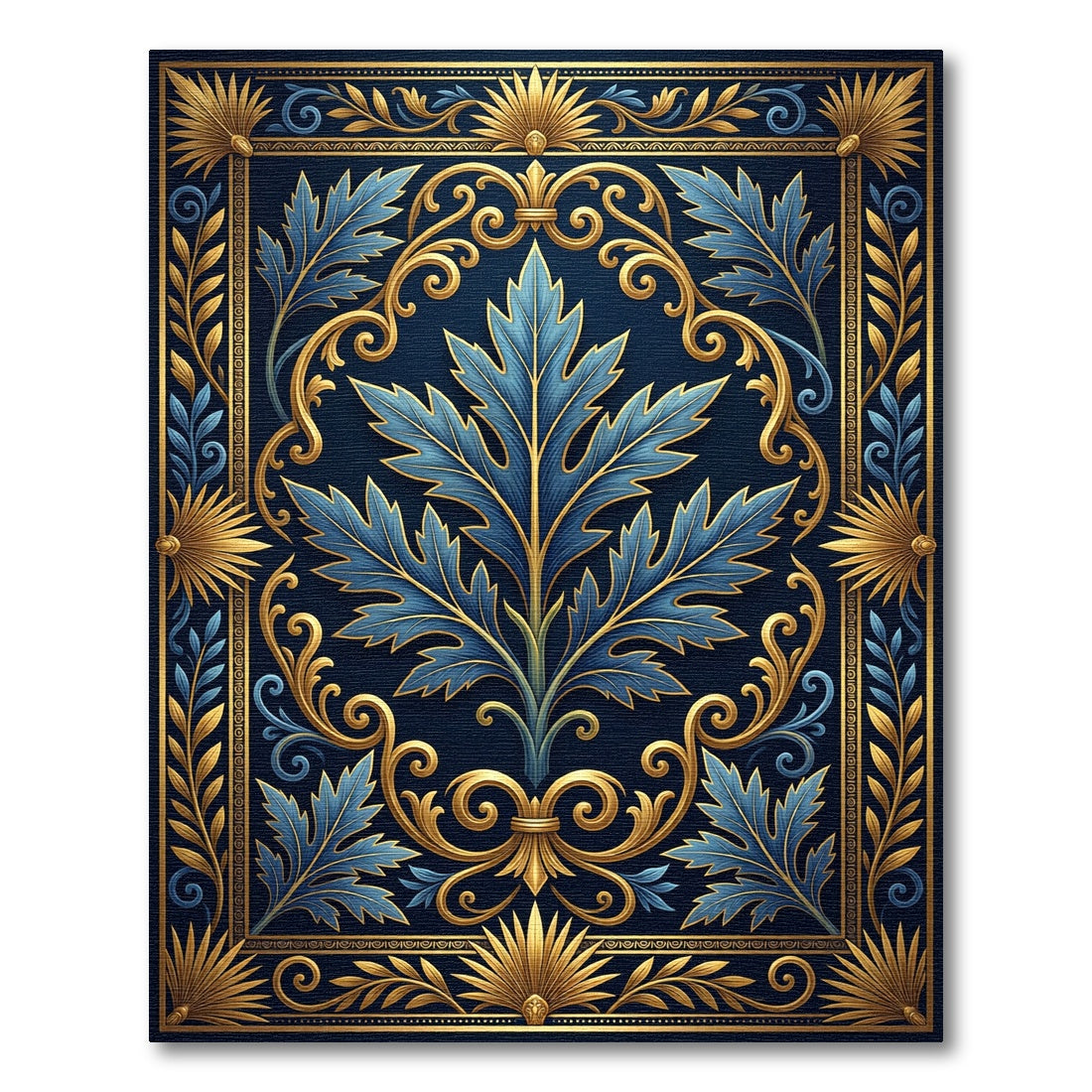 Elegant Blue Acanthus Leaf Gold Filigree Rug