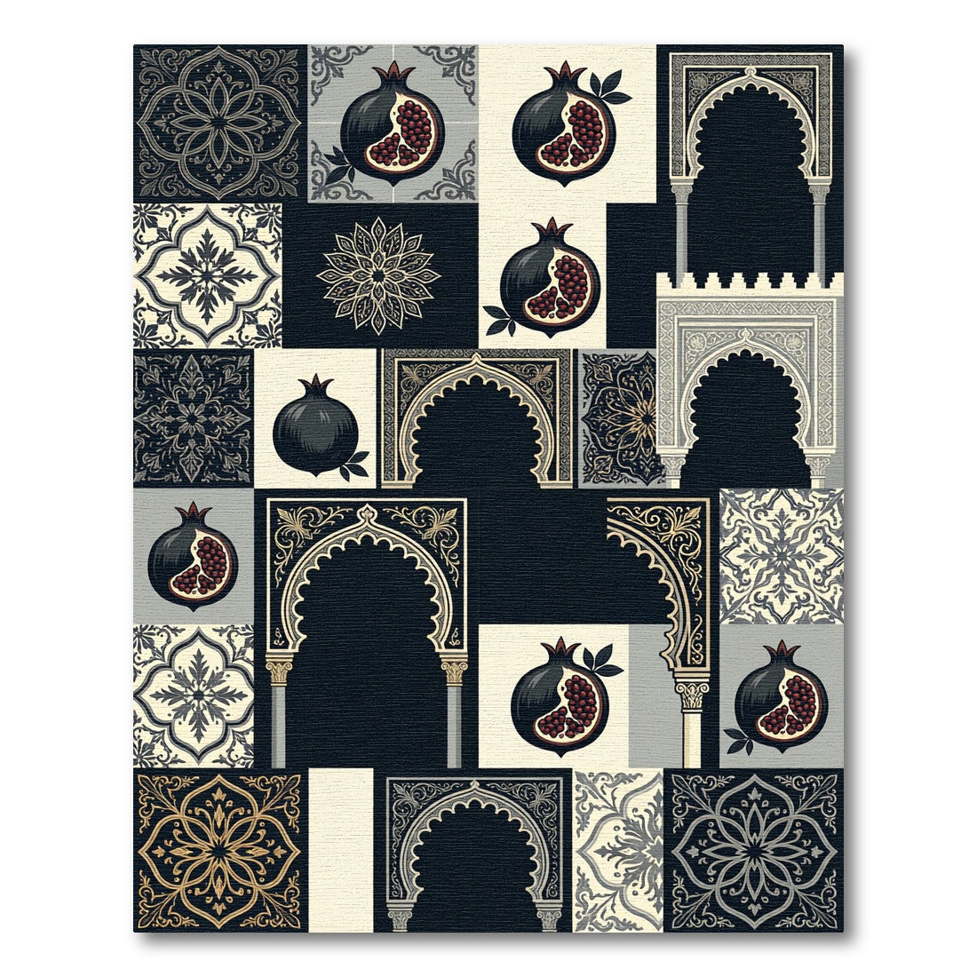 Black Gray Pomegranate Medallion Arch Collage Rug
