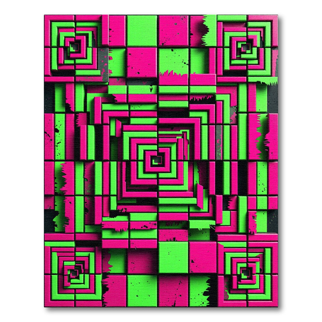 Neon Magenta and Lime Geometric Grid Rug