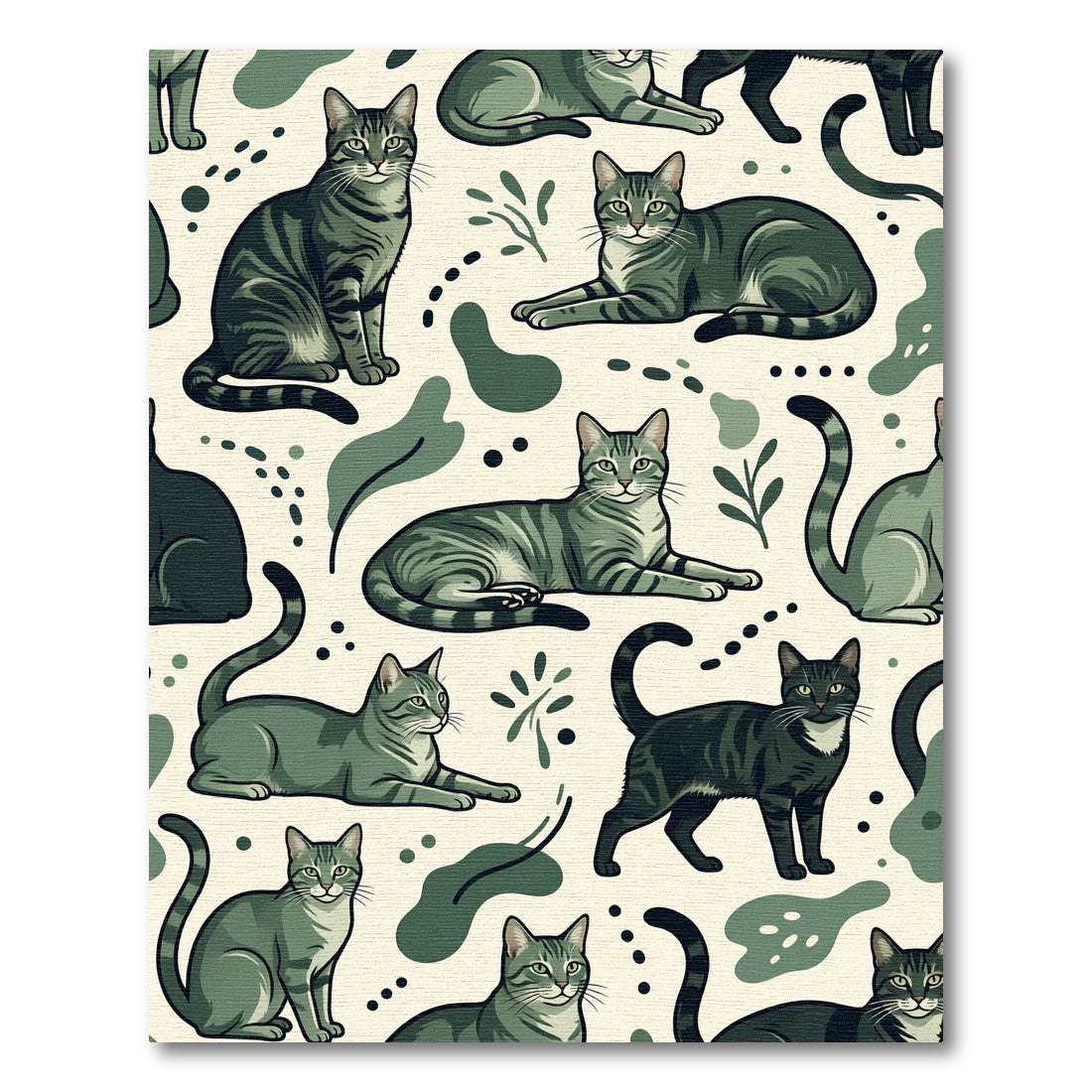Sage Green Whimsical Tabby Cat Illustration Rug