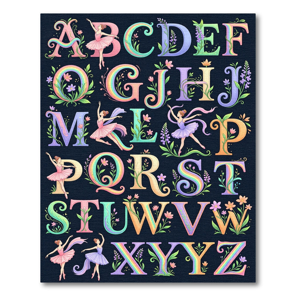 Whimsical Floral Ballerina Alphabet Rainbow Typography Rug