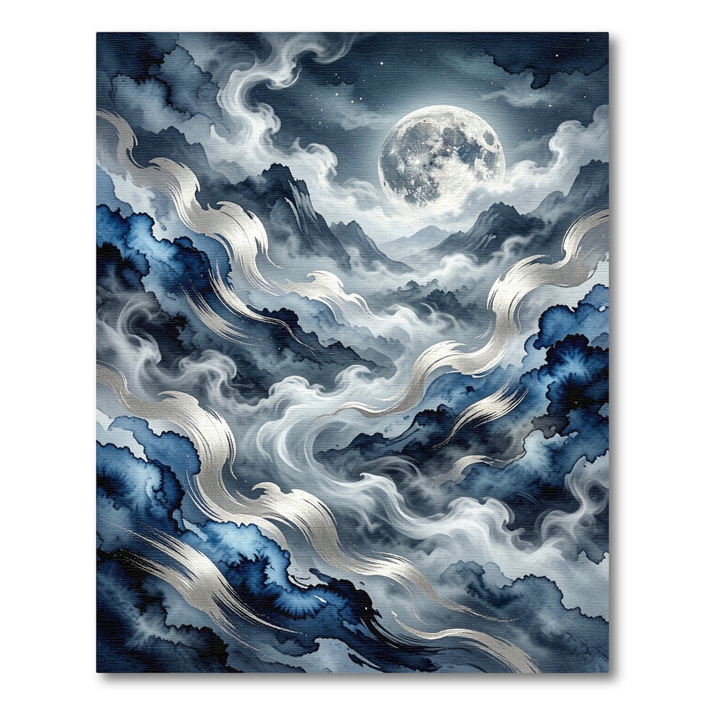 Misty Blue Moonlit Mountain Waves Rug