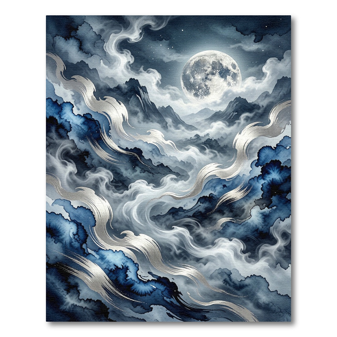 Misty Blue Moonlit Mountain Waves Rug