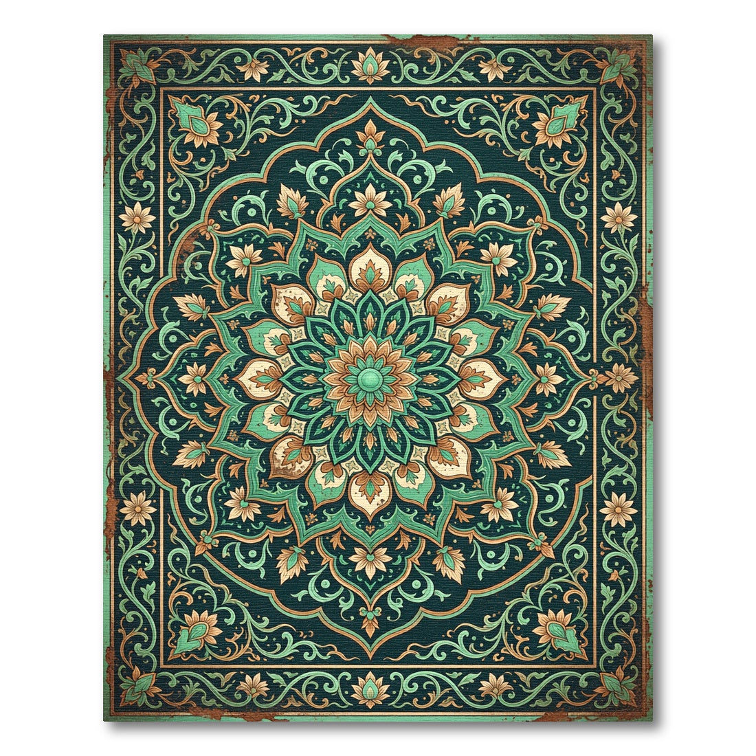 Emerald Green Floral Mandala Medallion Rug