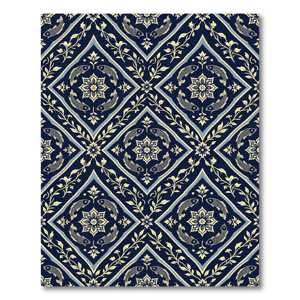 Navy Floral Koi Medallion Tile Rug