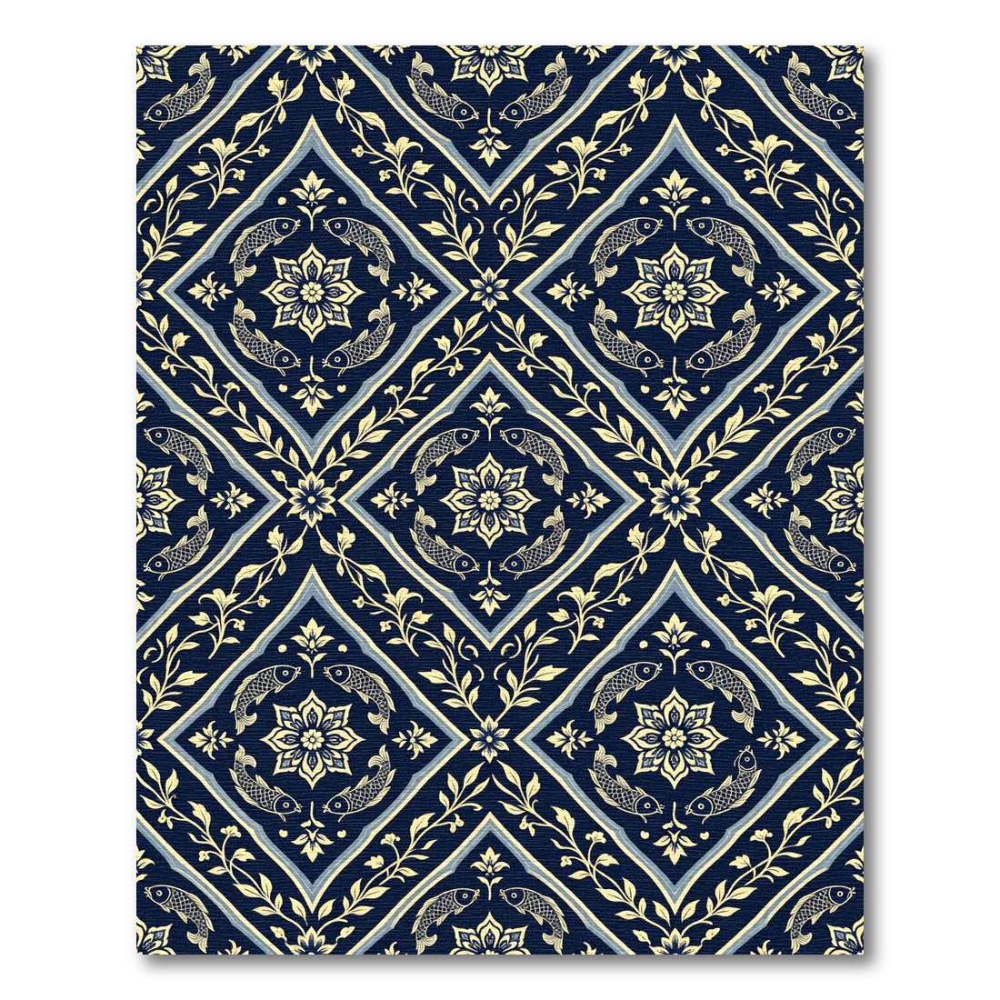 Navy Floral Koi Medallion Tile Rug
