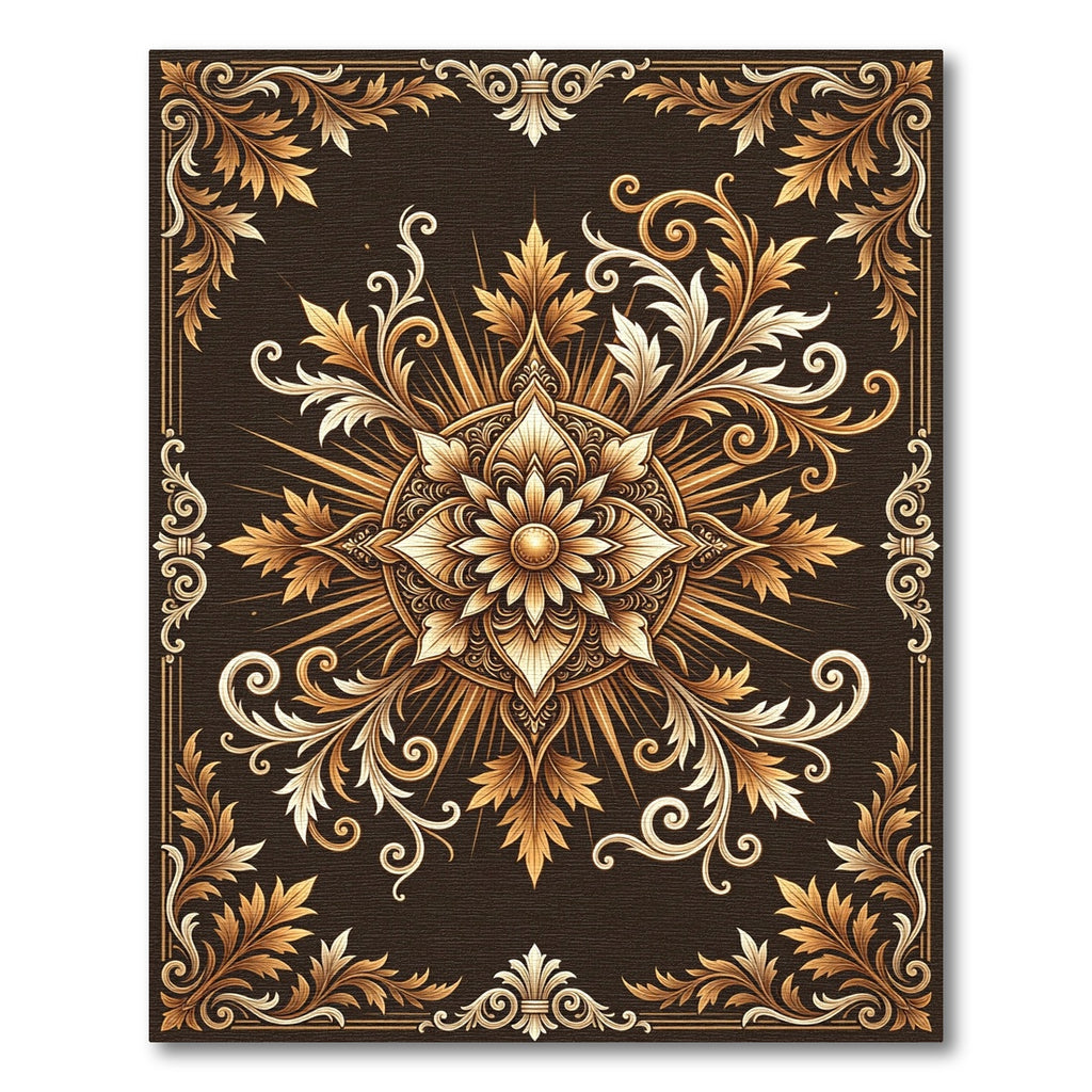 Ornate Golden Floral Medallion Chocolate Background Rug