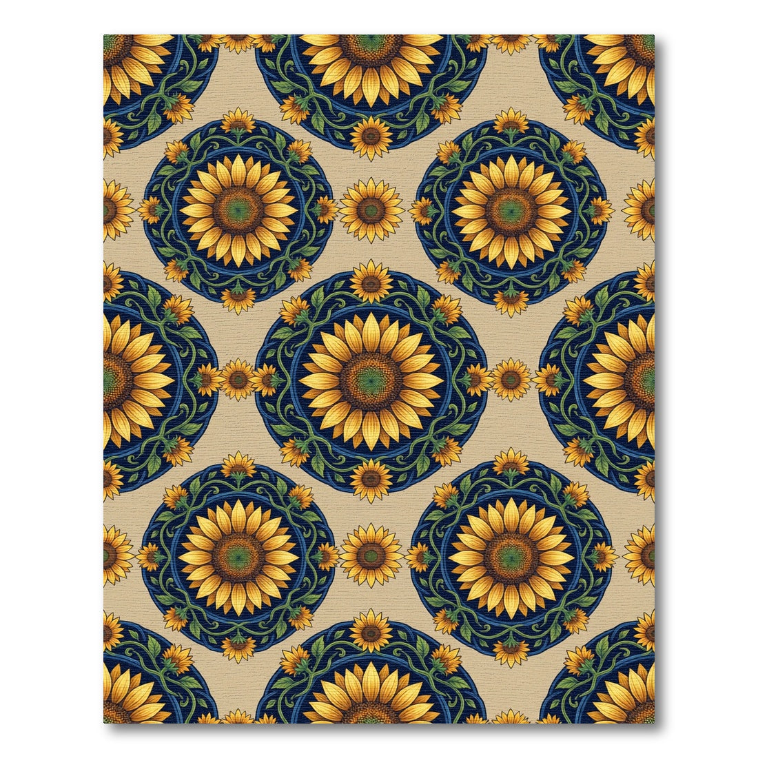 Golden Sunflower Medallion on Navy Rug
