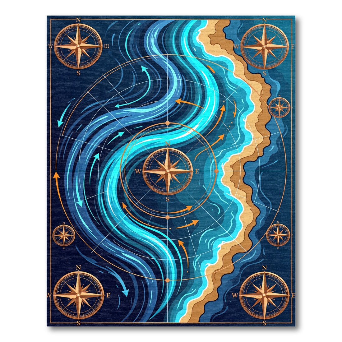 Coastal Compass Navy Blue Ocean Swirls Rug