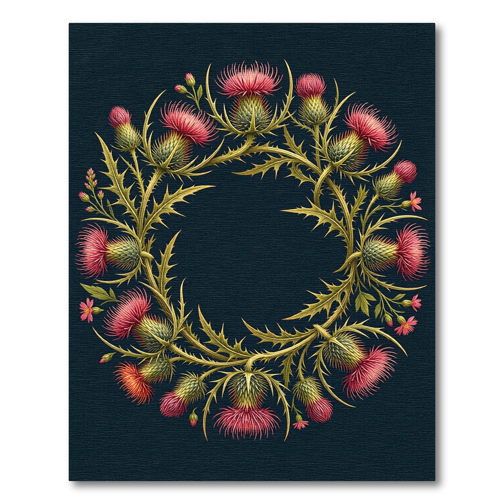 Ornate Pink Thistle Wreath on Navy Rug