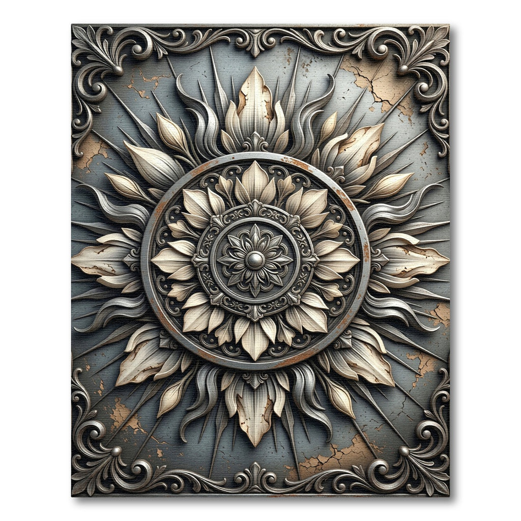 Metallic Silver Ornate Floral Medallion Rug