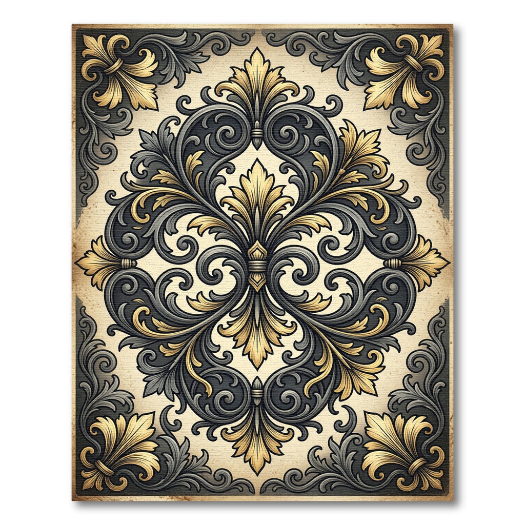 Ornate Charcoal Gold Floral Damask Rug