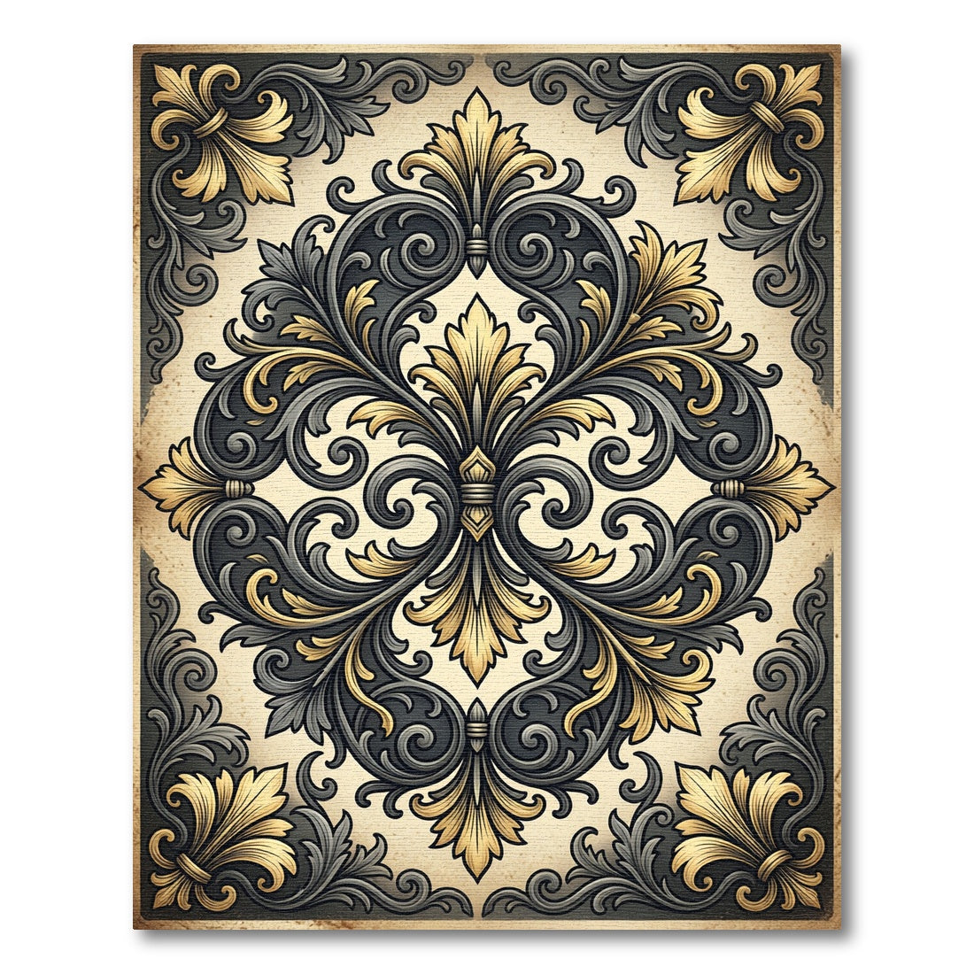 Ornate Charcoal Gold Floral Damask Rug
