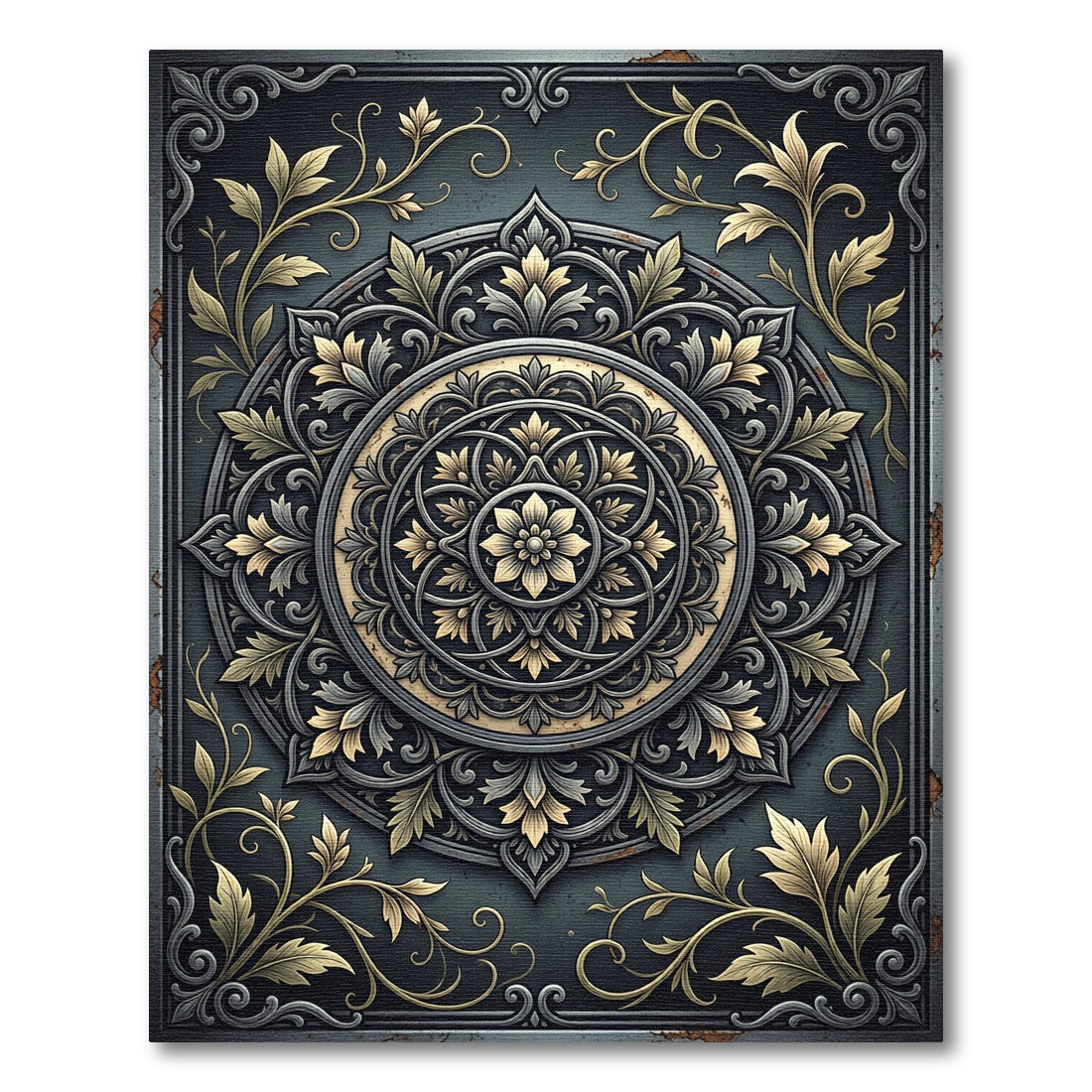 Ornate Golden Floral Medallion Charcoal Rug