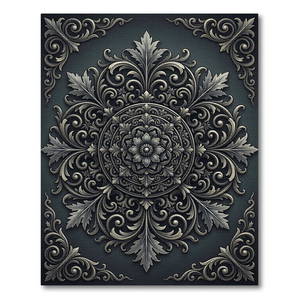 Ornate Charcoal Silver Filigree Medallion Rug