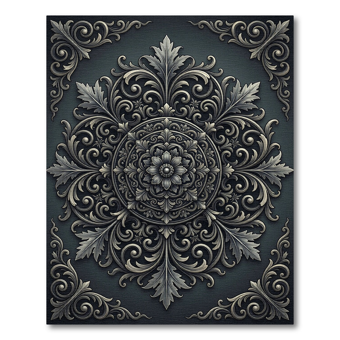 Ornate Charcoal Silver Filigree Medallion Rug