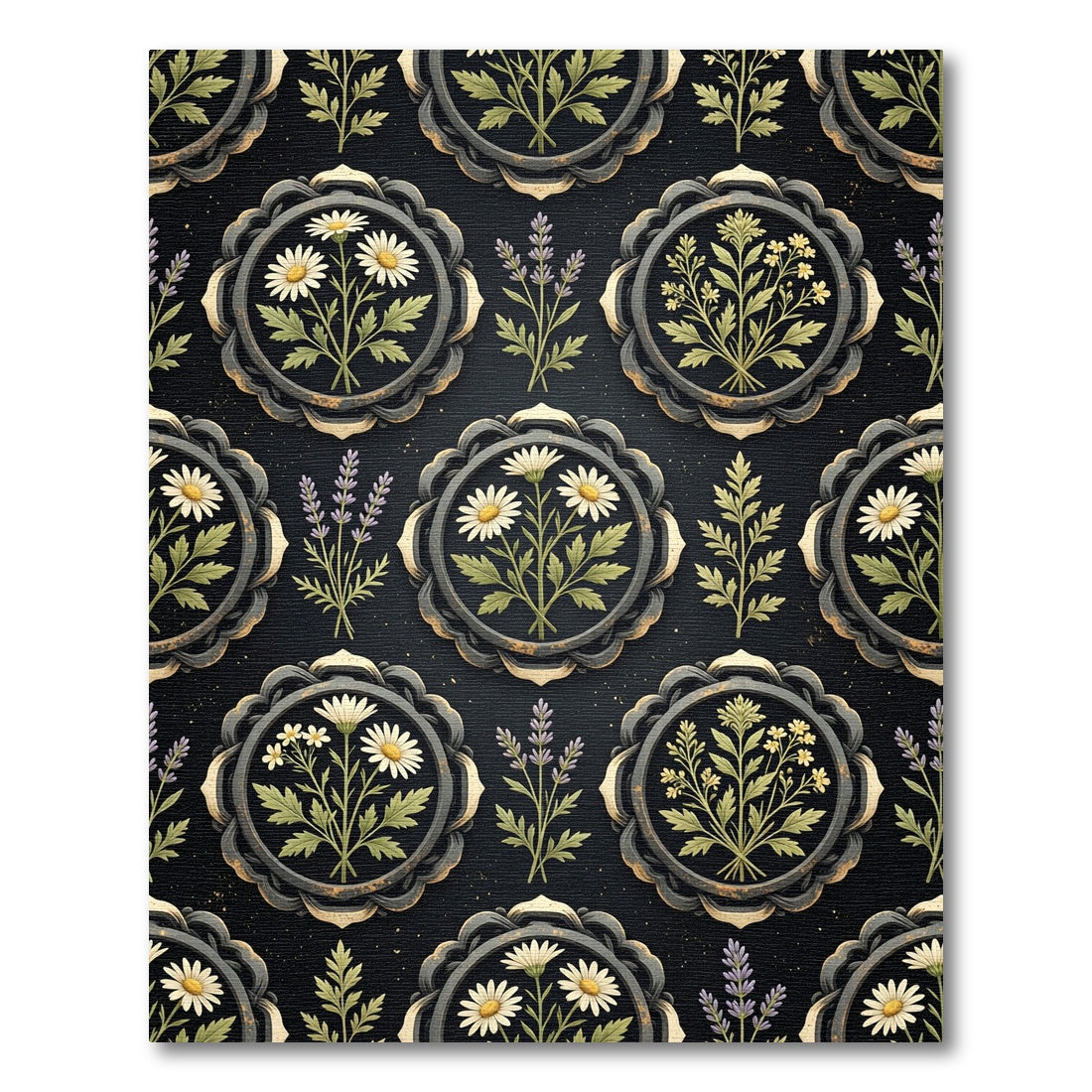 Dark Floral Medallion Botanical Composition Rug