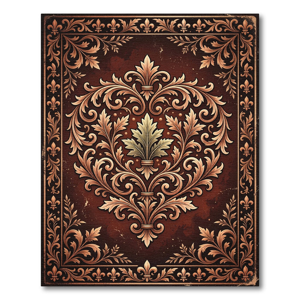 Ornate Damask Burgundy Gold Scroll Frame Rug