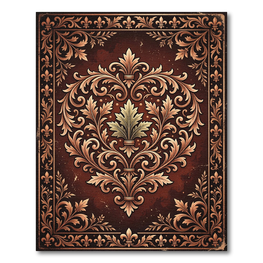 Ornate Damask Burgundy Gold Scroll Frame Rug
