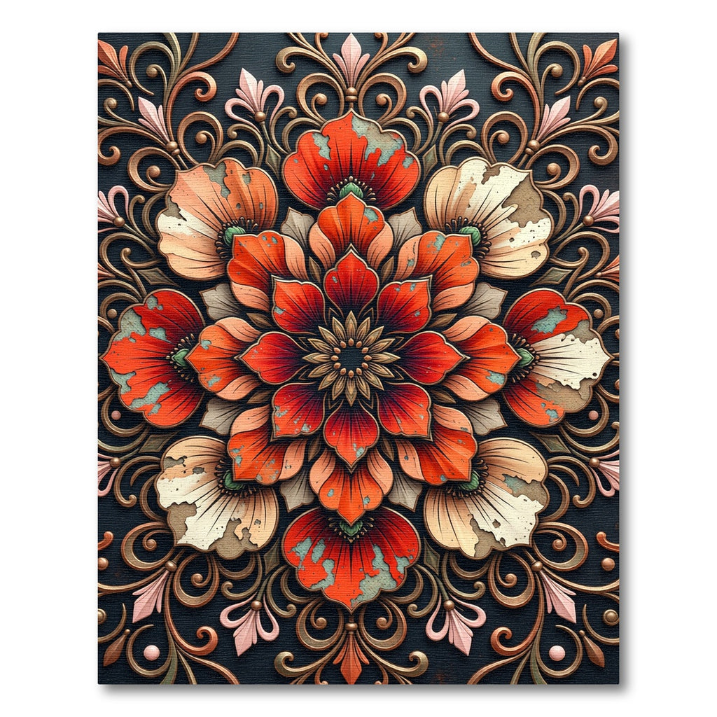 Ornate Red Floral Mandala Rug
