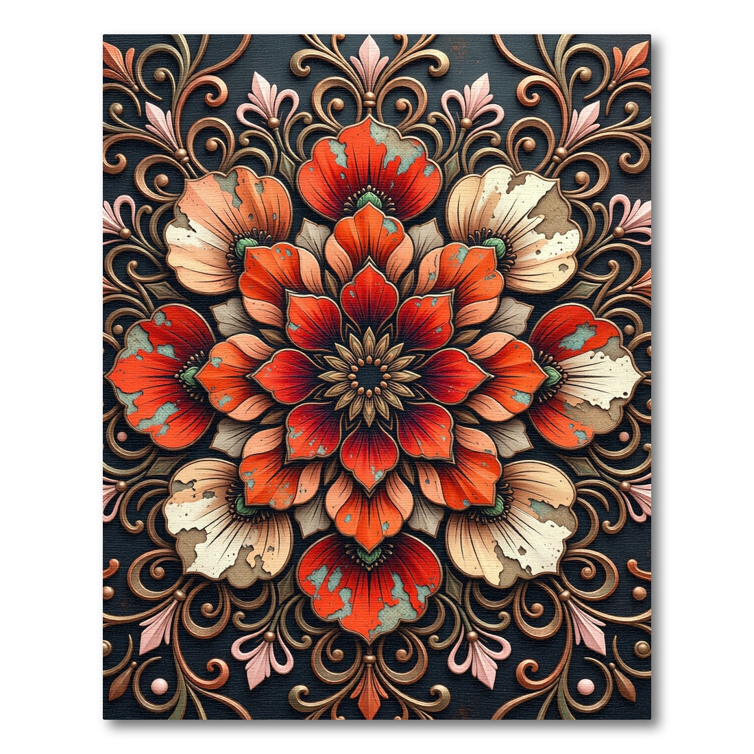 Ornate Red Floral Mandala Rug