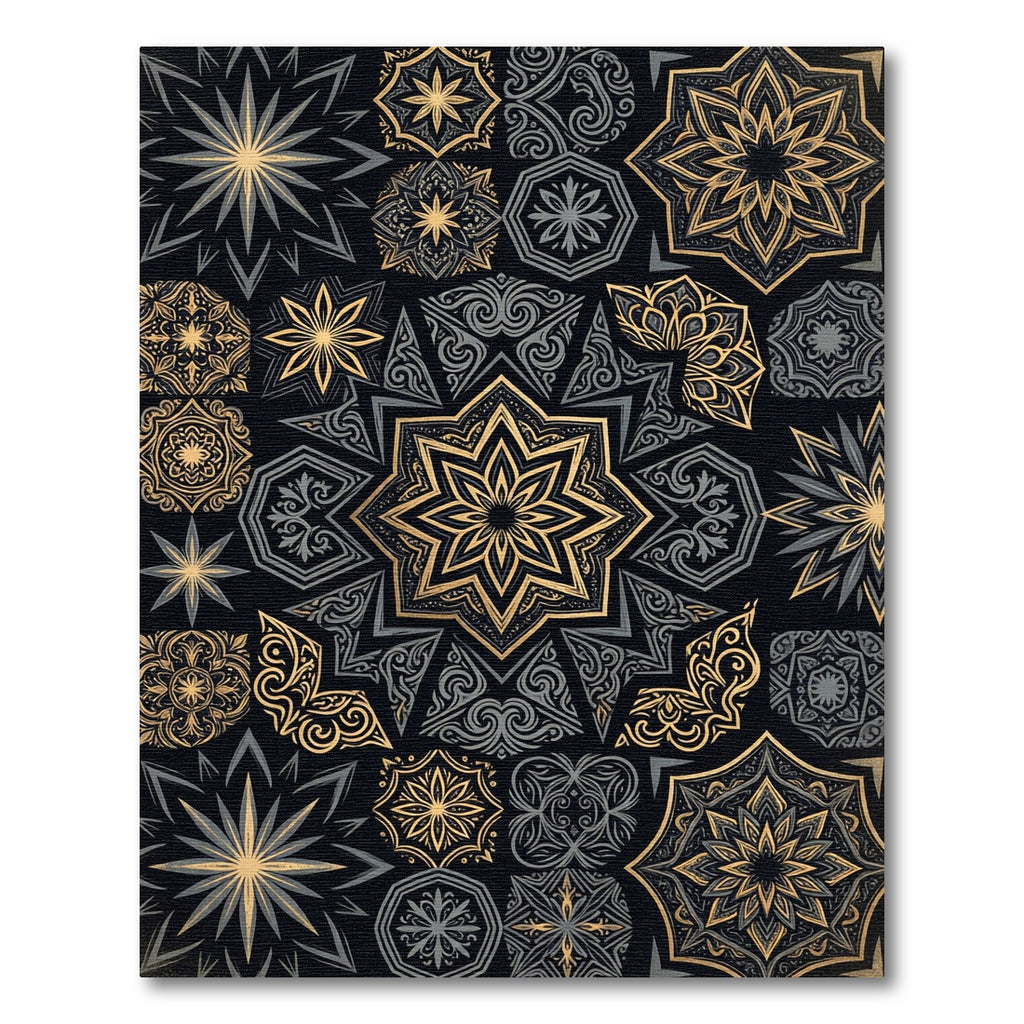 Gold Black Mandala Starburst Collection Rug