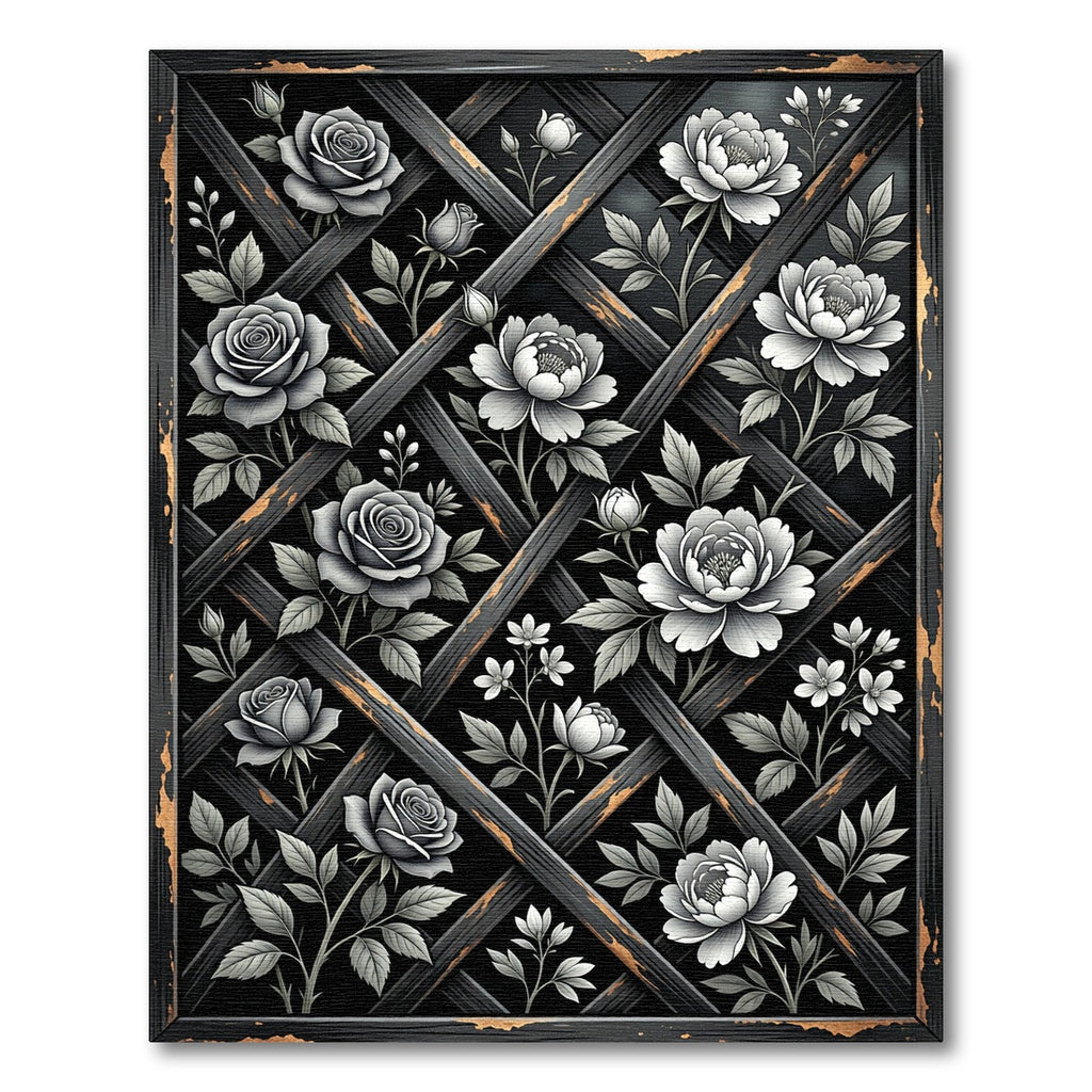 Monochrome Rose Lattice Floral Rug