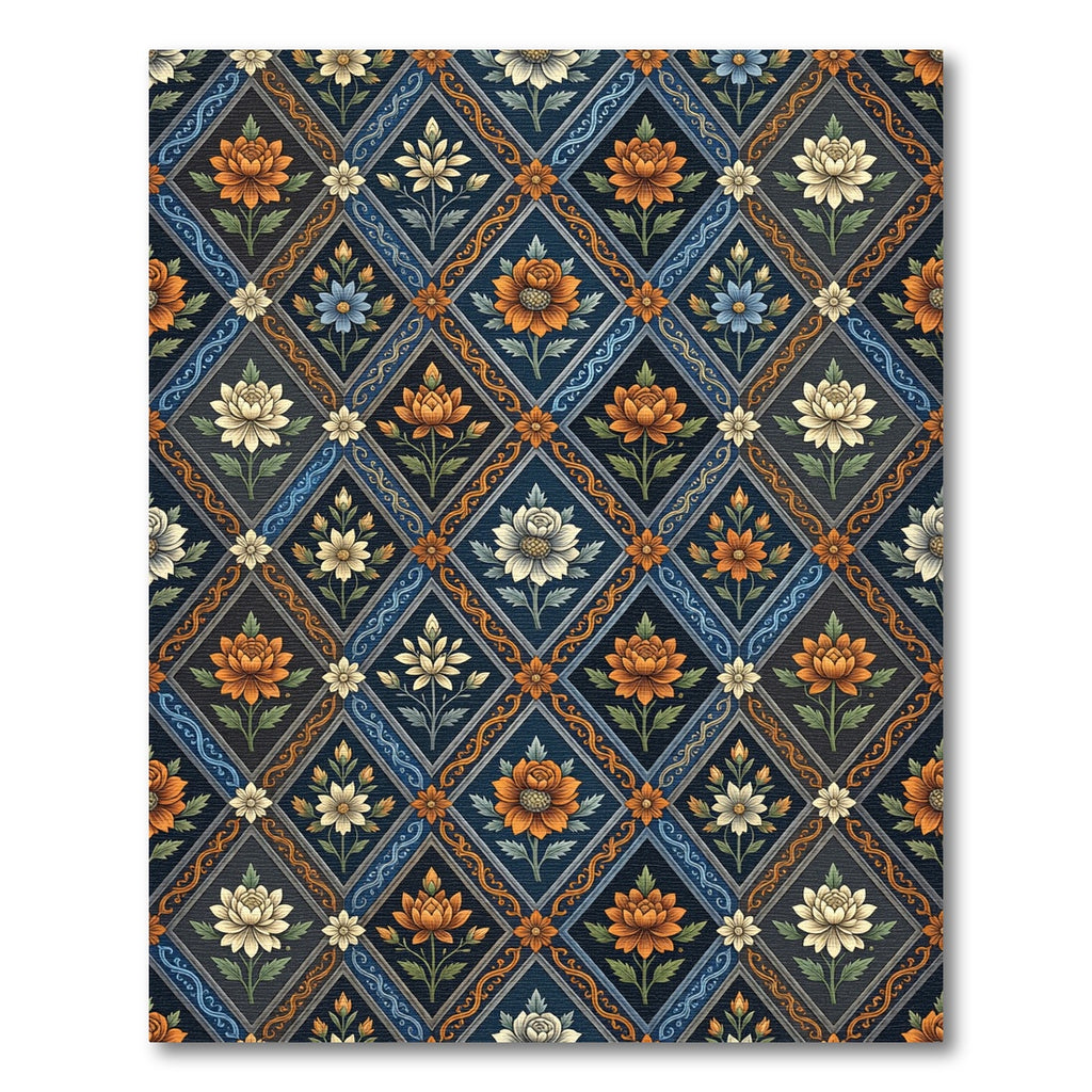 Ornate Navy Floral Diamond Lattice Rug
