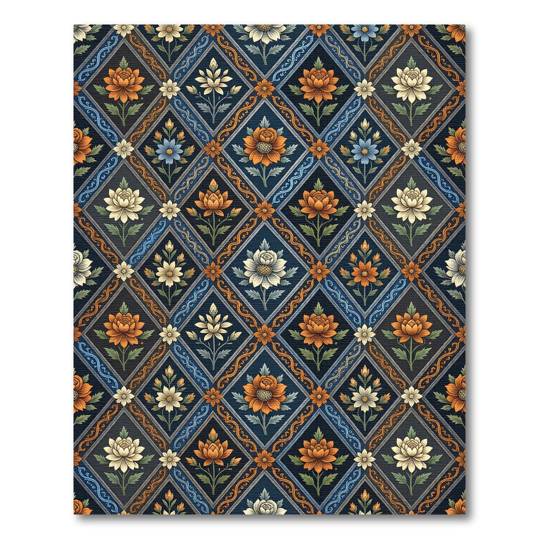 Ornate Navy Floral Diamond Lattice Rug