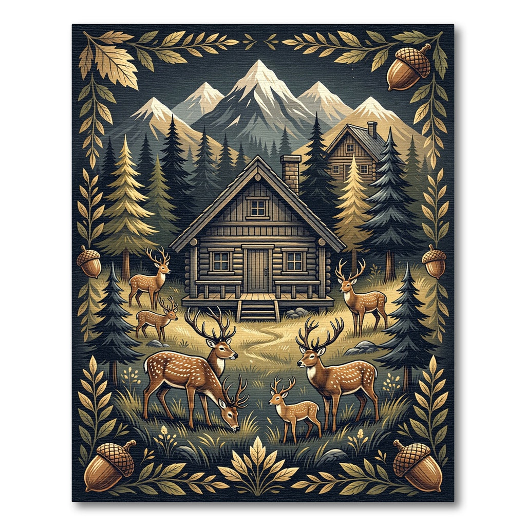 Rustic Mountain Woodland Deer Scene Rug