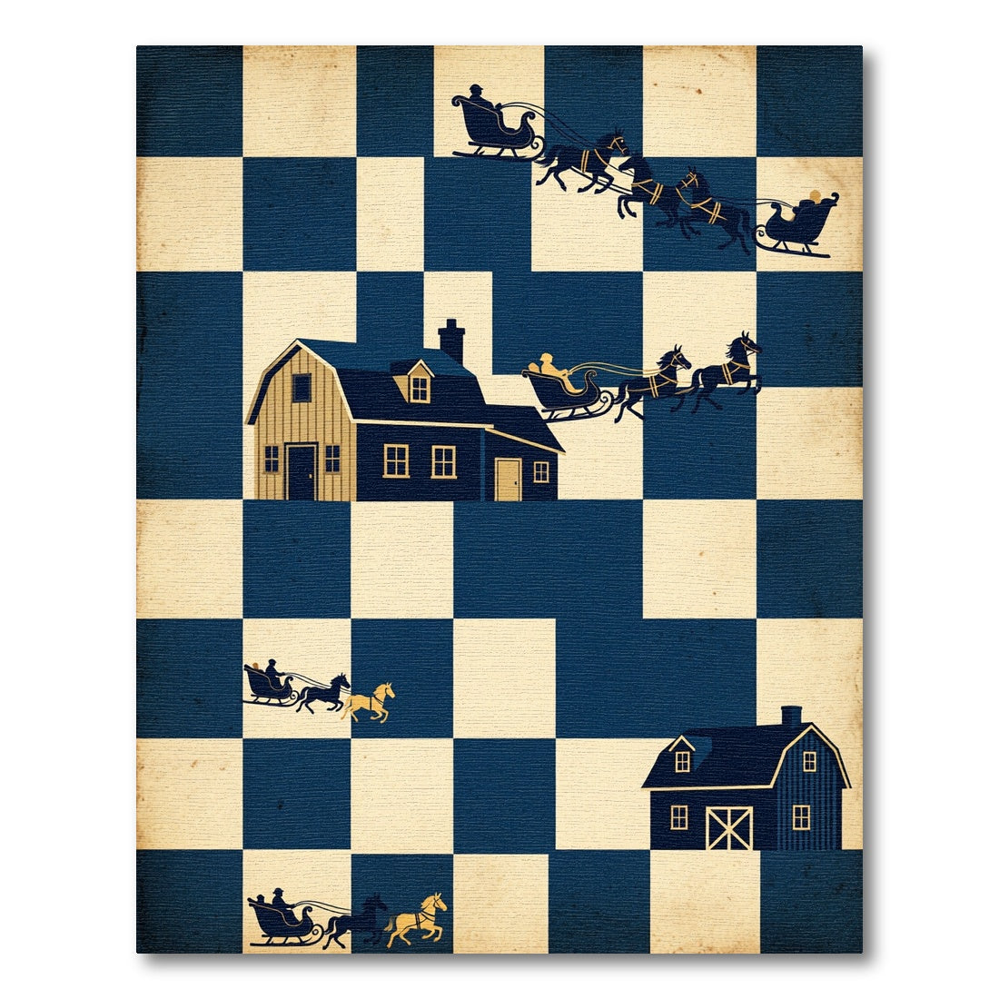 Navy Sleigh Cabin Checkerboard Folk Art Rug