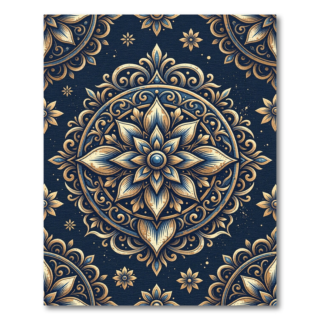 Golden Floral Medallion Navy Ornate Decor Rug