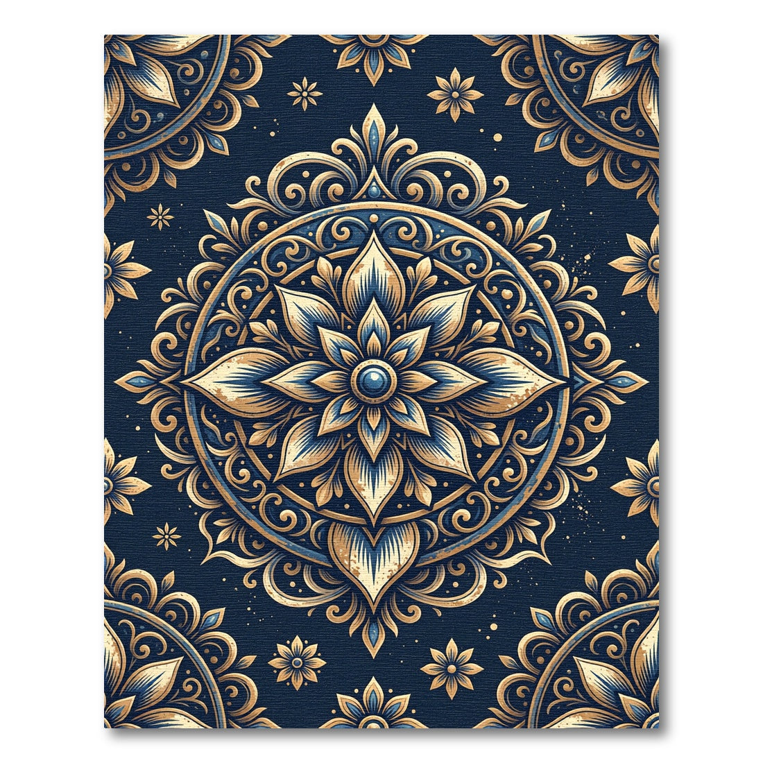 Golden Floral Medallion Navy Ornate Decor Rug