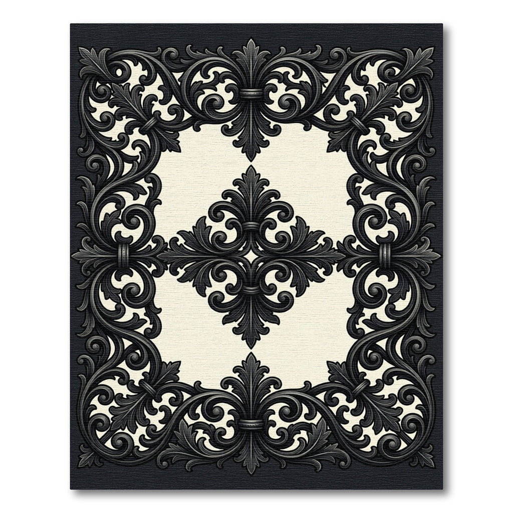 Ornate Black Scrollwork Damask Border Rug